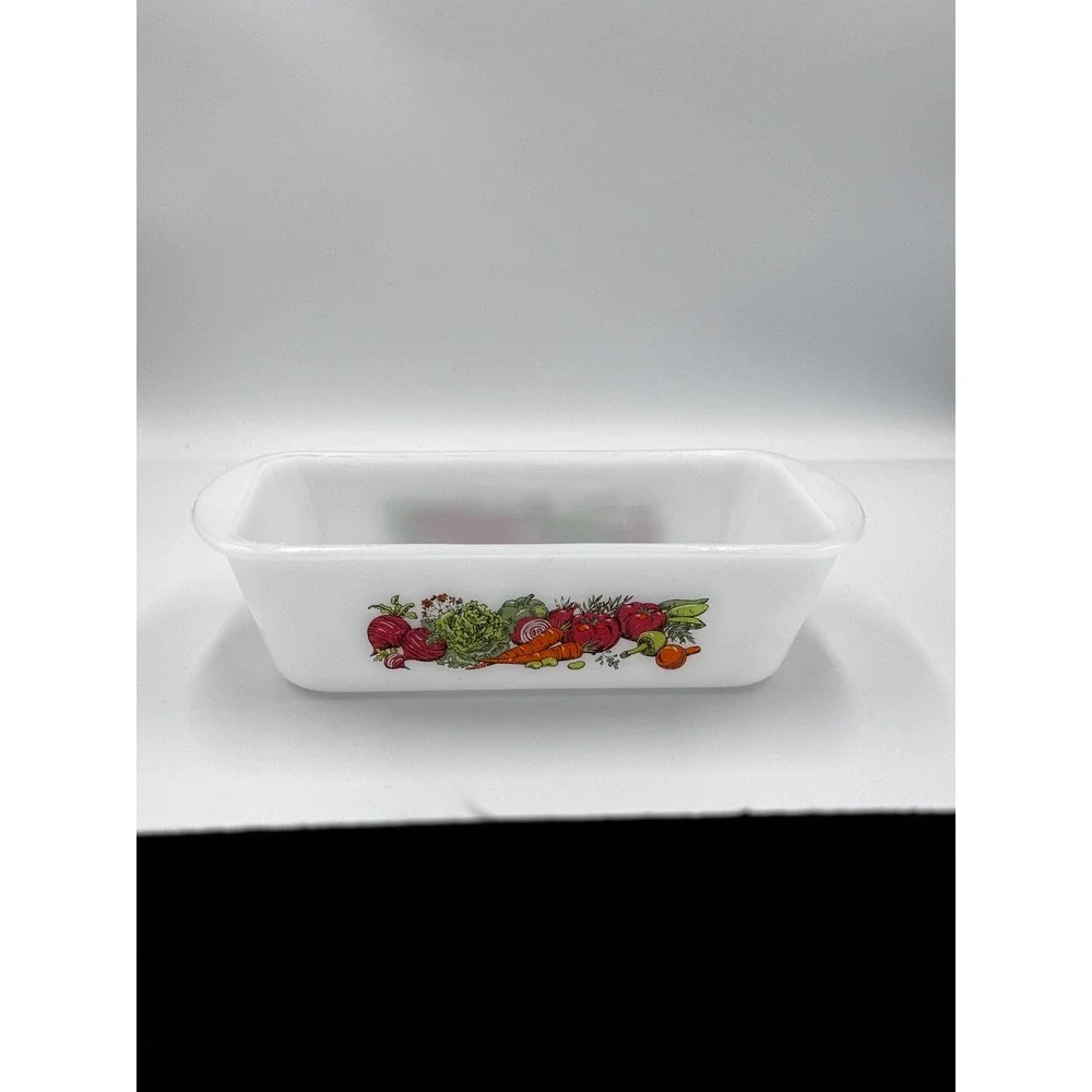 Vintage Glasbake Vegetable Pattern Loaf Pan Milk glass 1.5 Quart Made In USA